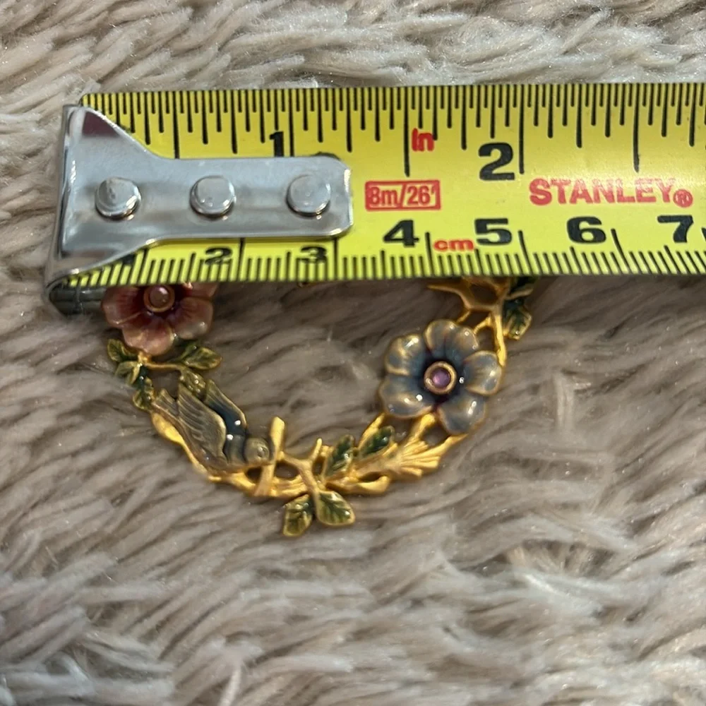 Vintage Kenneth Cole Enamel Floral Bird Gold Tone Heart Brooch Cottagecore